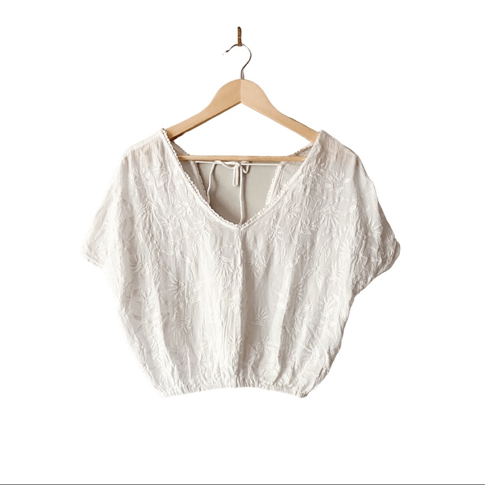 Women's White Embroidered V-Neck Crop Top